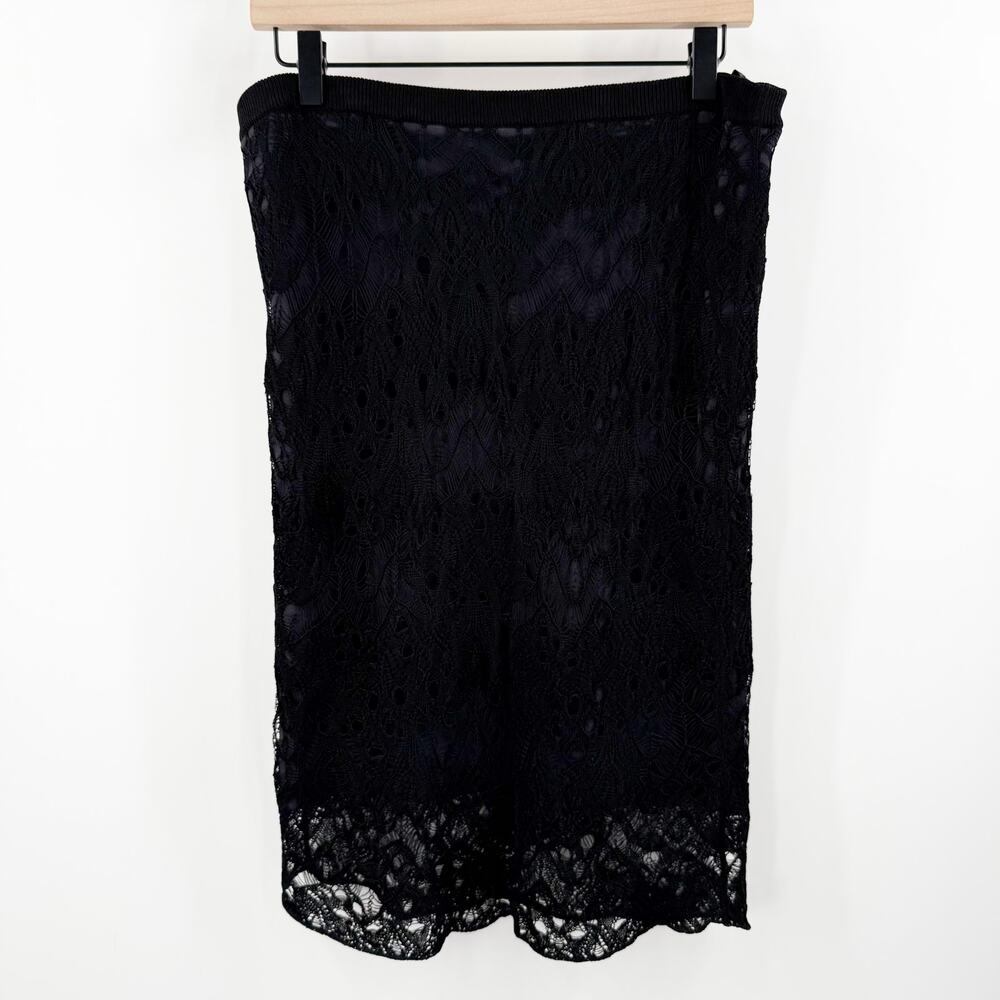Eileen Fisher Skirt Women's SZ Medium Black Pull On Stretch Lace Overlay Classic
